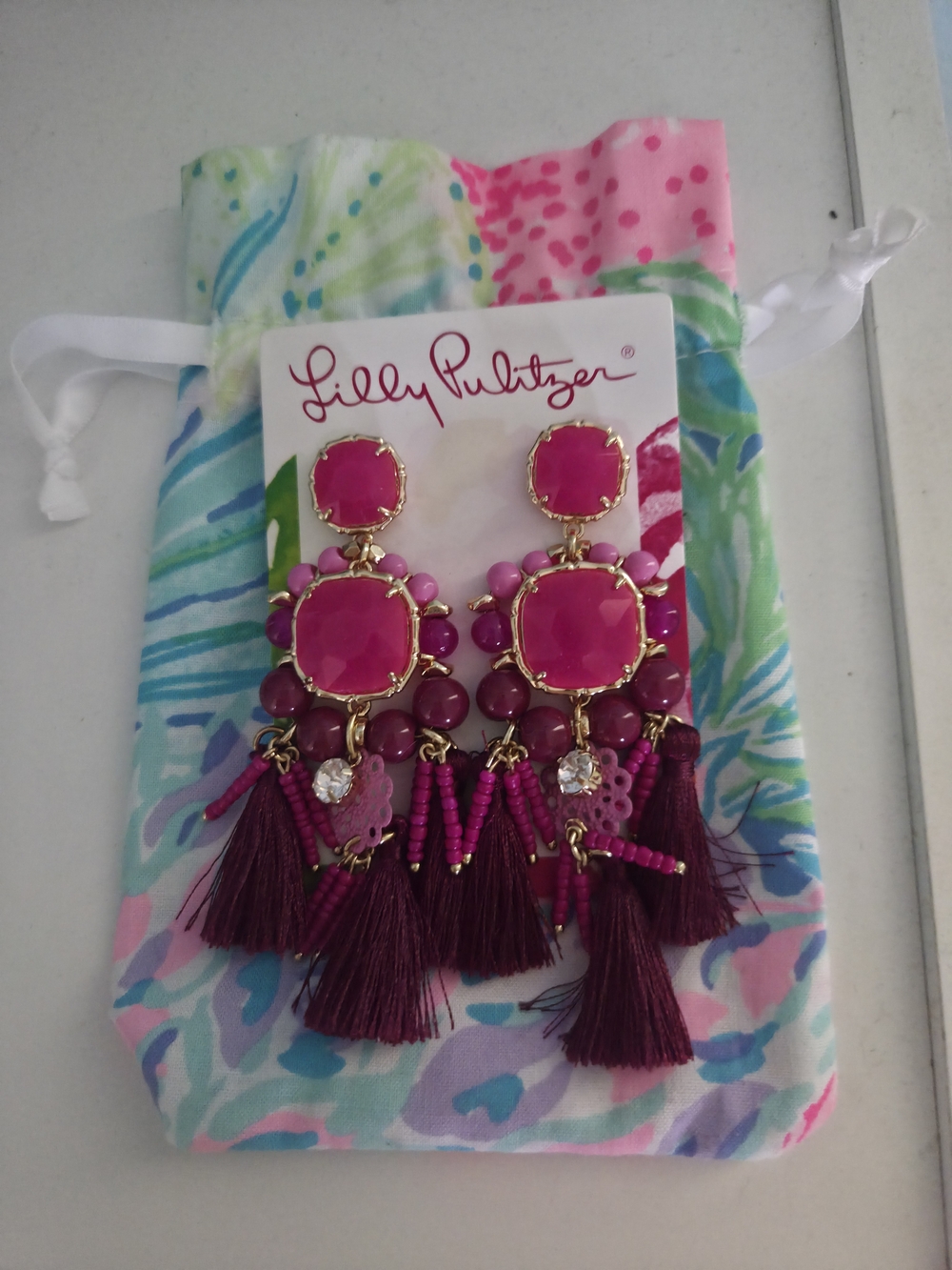 Lilly Pulitzer Fuchsia and Berry Beaded Tassel Earrings